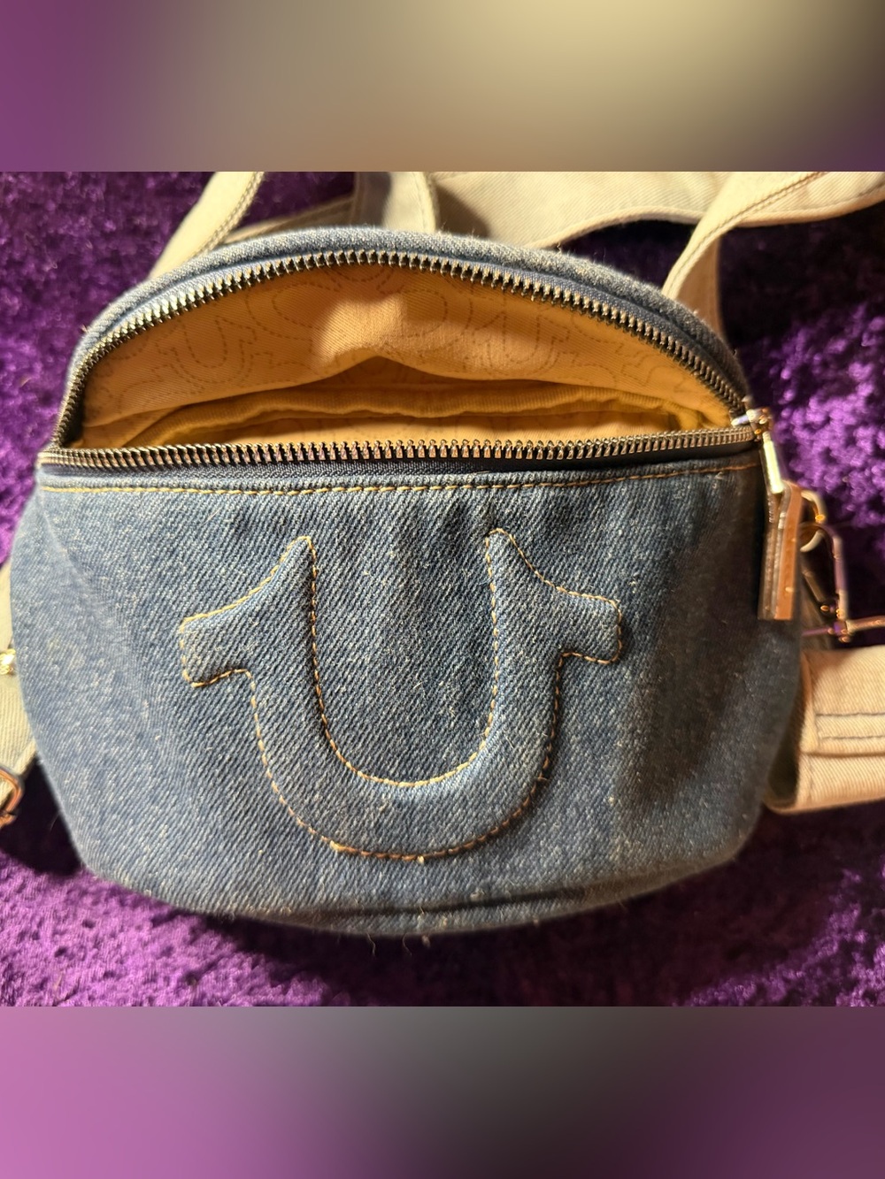 True Religion Denim Crossbody Bag with Horseshoe Stitching - Navy Jean Blue